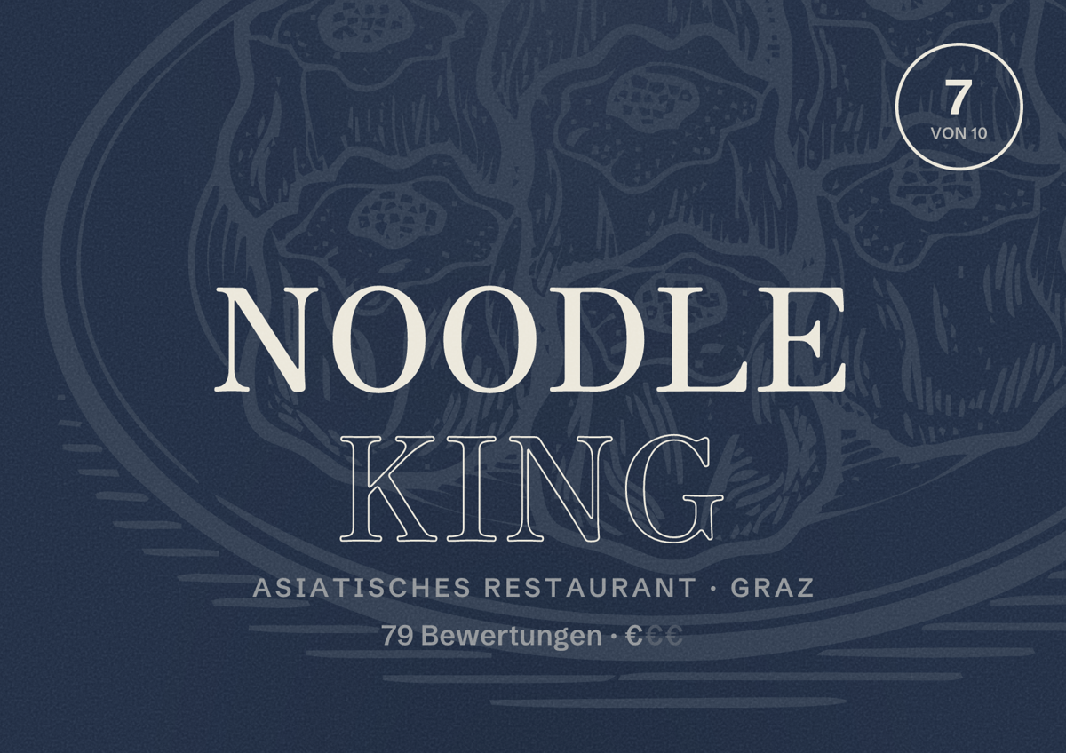 Illustriertes Poster von Noodle King, Asiatisches Restaurant in Graz: Bewertung 7 von 10 aus 79 Bewertungen, Preisniveau €