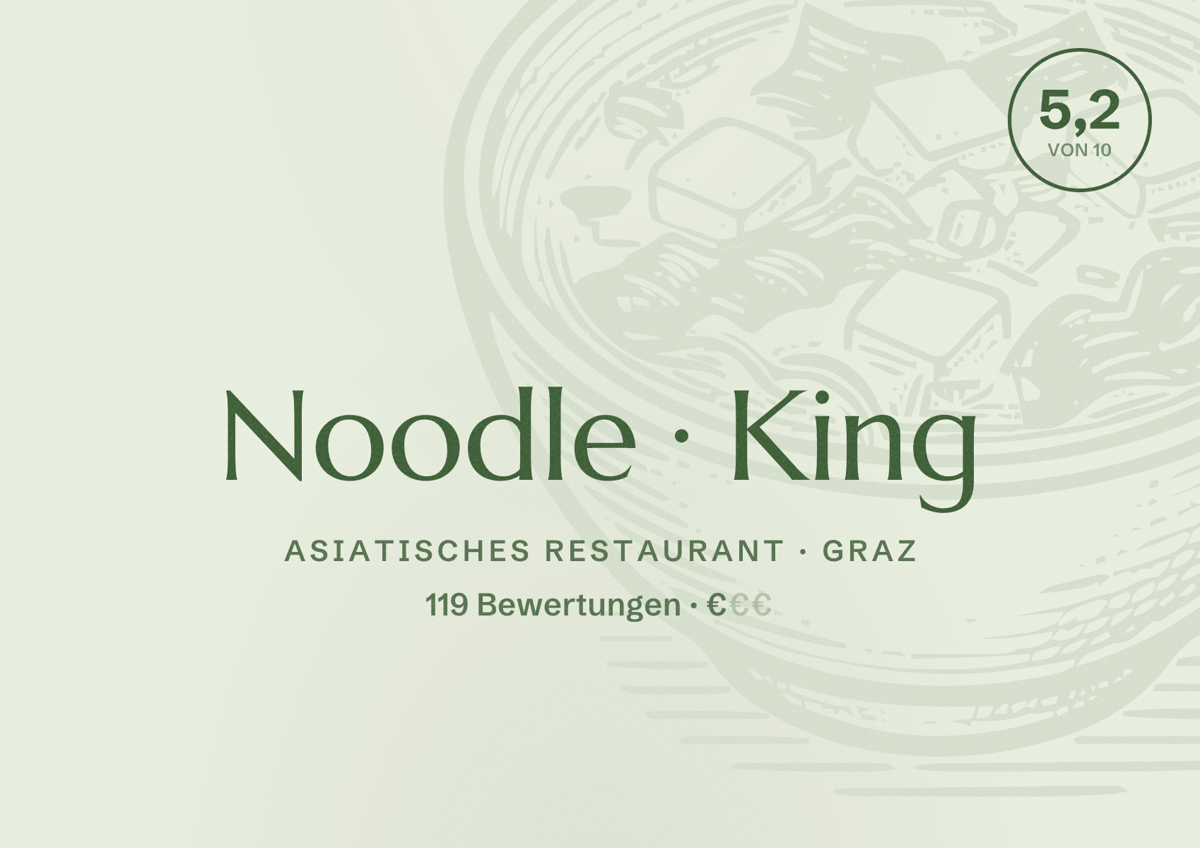 Illustriertes Poster von Noodle King, Asiatisches Restaurant in Graz: Bewertung 5,2 von 10 aus 119 Bewertungen, Preisniveau €
