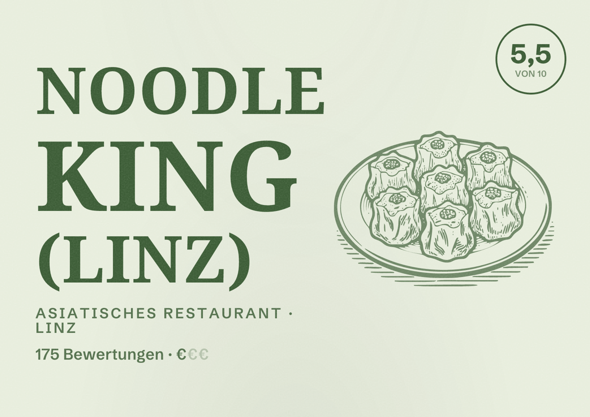Illustriertes Poster von Noodle King (Linz), Asiatisches Restaurant in Linz: Bewertung 5,5 von 10 aus 175 Bewertungen, Preisniveau €