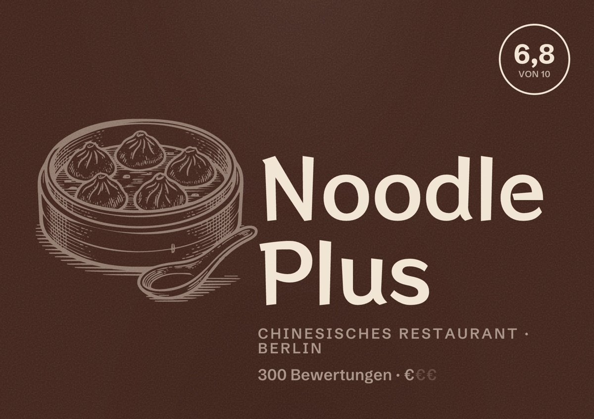 Illustriertes Poster von Noodle Plus, Chinesisches Restaurant in Berlin: Bewertung 6,8 von 10 aus 300 Bewertungen, Preisniveau €