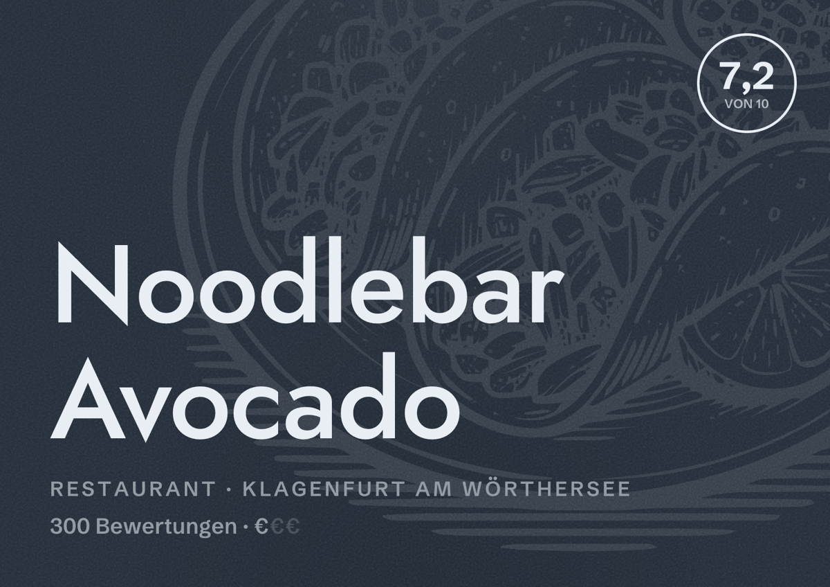Illustriertes Poster von Noodlebar Avocado, Restaurant in Klagenfurt am Wörthersee: Bewertung 7,2 von 10 aus 300 Bewertungen, Preisniveau €