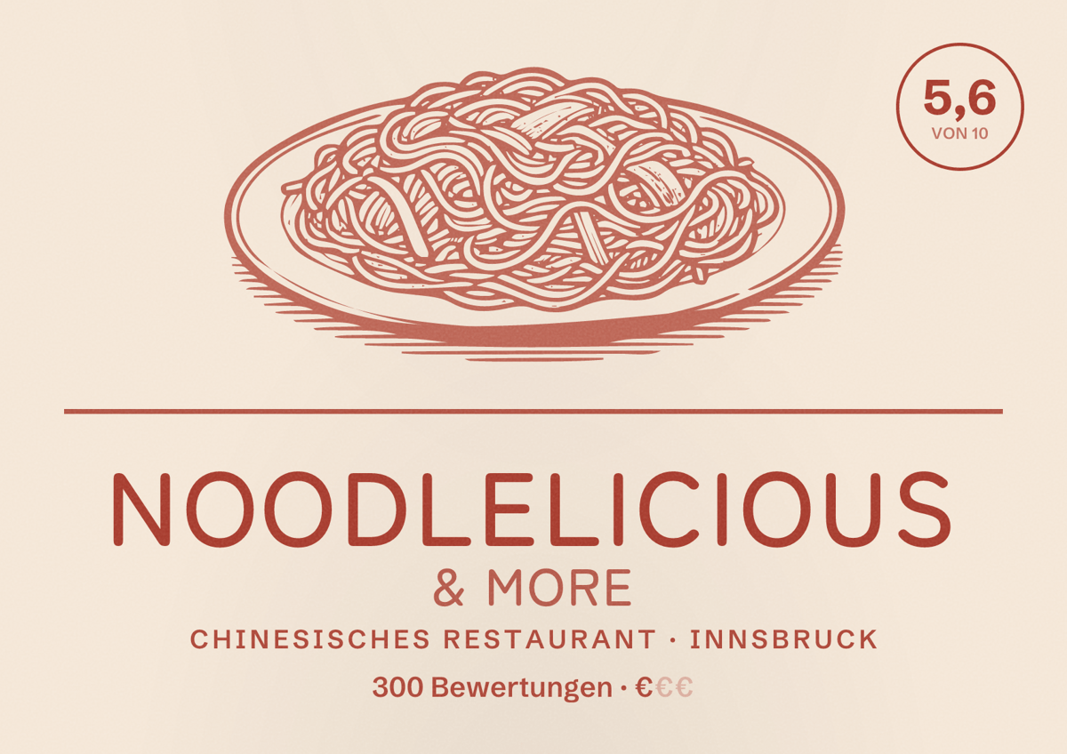 Illustriertes Poster von Noodlelicious & more, Chinesisches Restaurant in Innsbruck: Bewertung 5,6 von 10 aus 300 Bewertungen, Preisniveau €