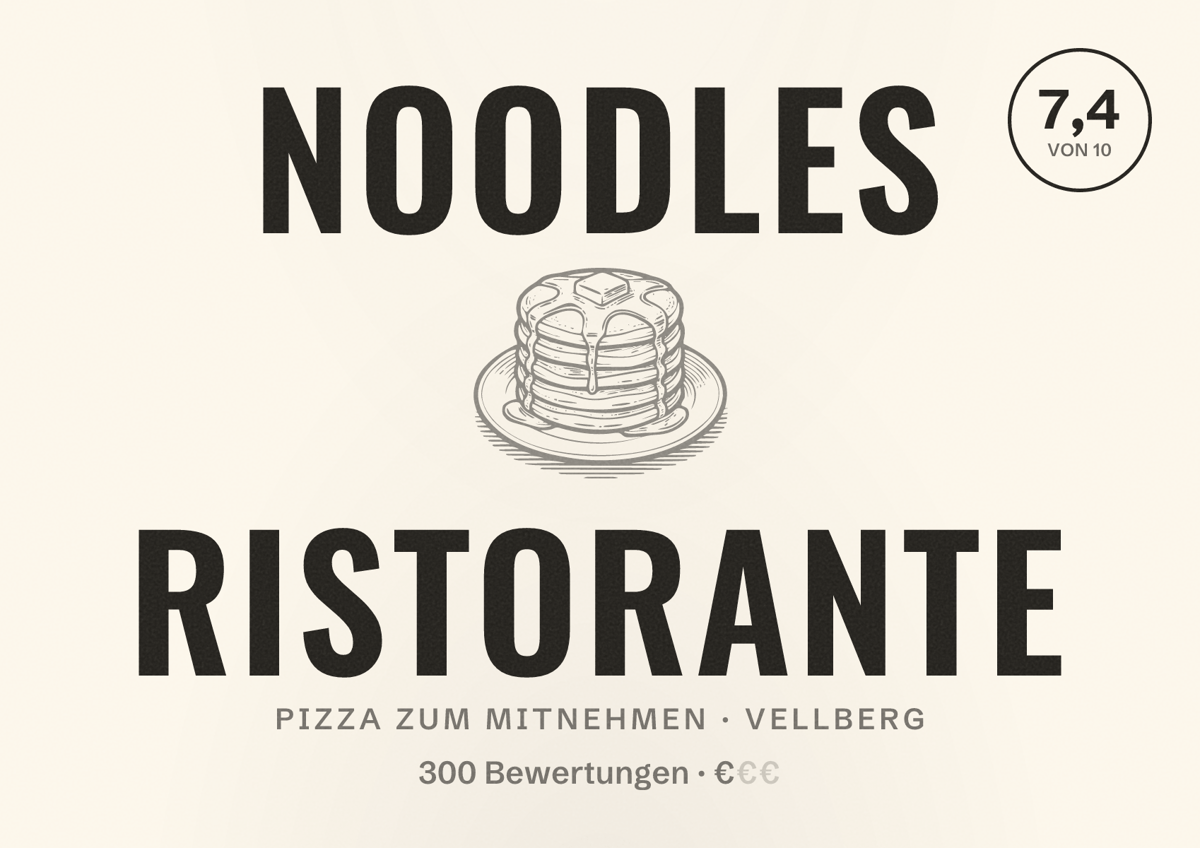 Illustriertes Poster von Noodles Ristorante, Pizza zum Mitnehmen in Vellberg: Bewertung 7,4 von 10 aus 300 Bewertungen, Preisniveau €