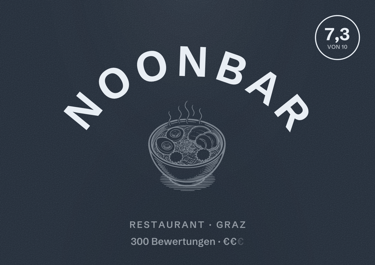 Illustriertes Poster von Noonbar, Restaurant in Graz: Bewertung 7,3 von 10 aus 300 Bewertungen, Preisniveau €€