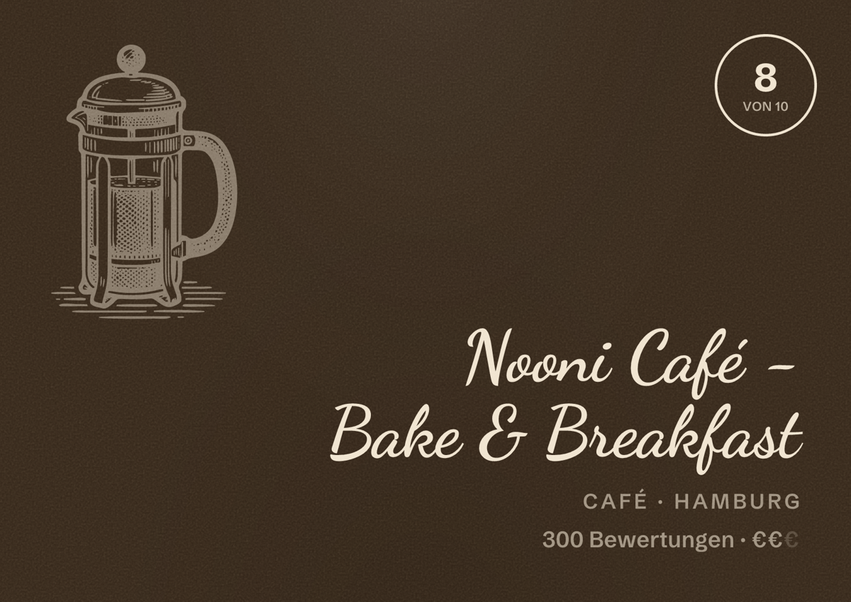 Illustriertes Poster von Nooni Café - Bake & Breakfast, Café in Hamburg: Bewertung 8,0 von 10 aus 300 Bewertungen, Preisniveau €€
