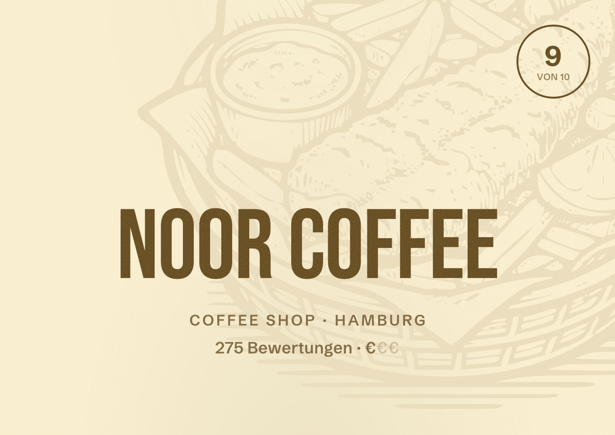 Illustriertes Poster von Noor Coffee, Coffee Shop in Hamburg: Bewertung 9,0 von 10 aus 275 Bewertungen, Preisniveau €
