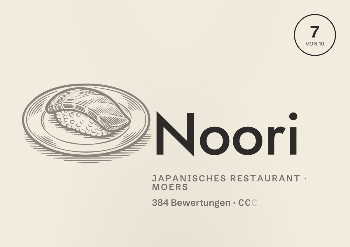 Illustriertes Poster von Noori, Japanisches Restaurant in Moers: Bewertung 7 von 10 aus 384 Bewertungen, Preisniveau €€