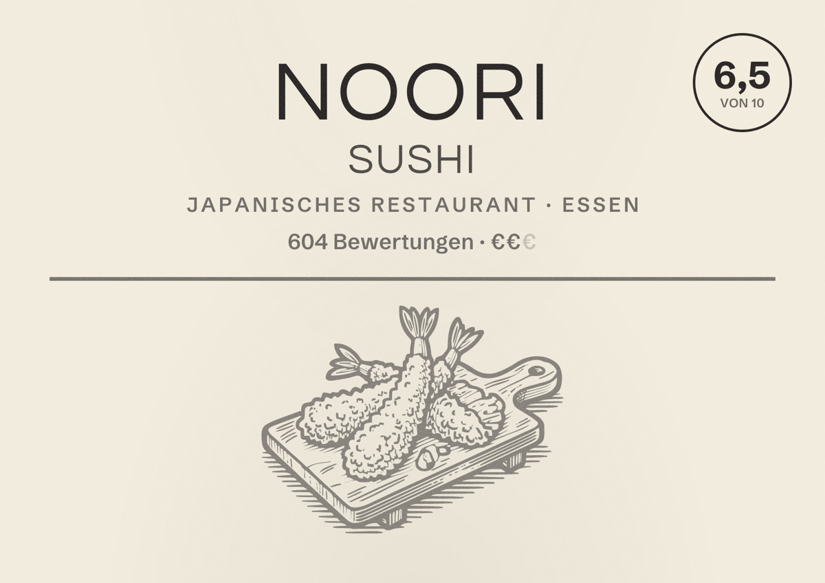 Illustriertes Poster von Noori Sushi, Japanisches Restaurant in Essen: Bewertung 6,5 von 10 aus 604 Bewertungen, Preisniveau €€