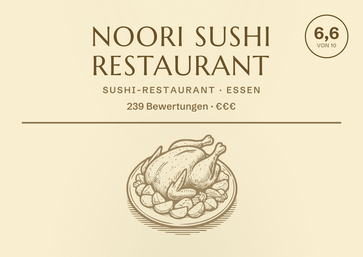 Illustriertes Poster von Noori Sushi Restaurant, Sushi-Restaurant in Essen: Bewertung 6,6 von 10 aus 239 Bewertungen, Preisniveau €€€