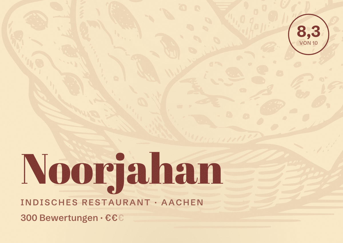 Illustriertes Poster von Noorjahan, Indisches Restaurant in Aachen: Bewertung 8,3 von 10 aus 300 Bewertungen, Preisniveau €€