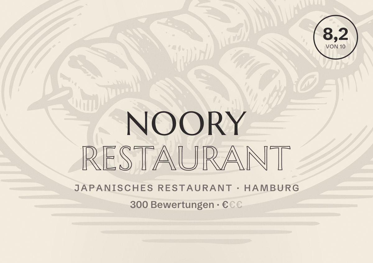 Illustriertes Poster von Noory Restaurant, Japanisches Restaurant in Hamburg: Bewertung 8,2 von 10 aus 300 Bewertungen, Preisniveau €
