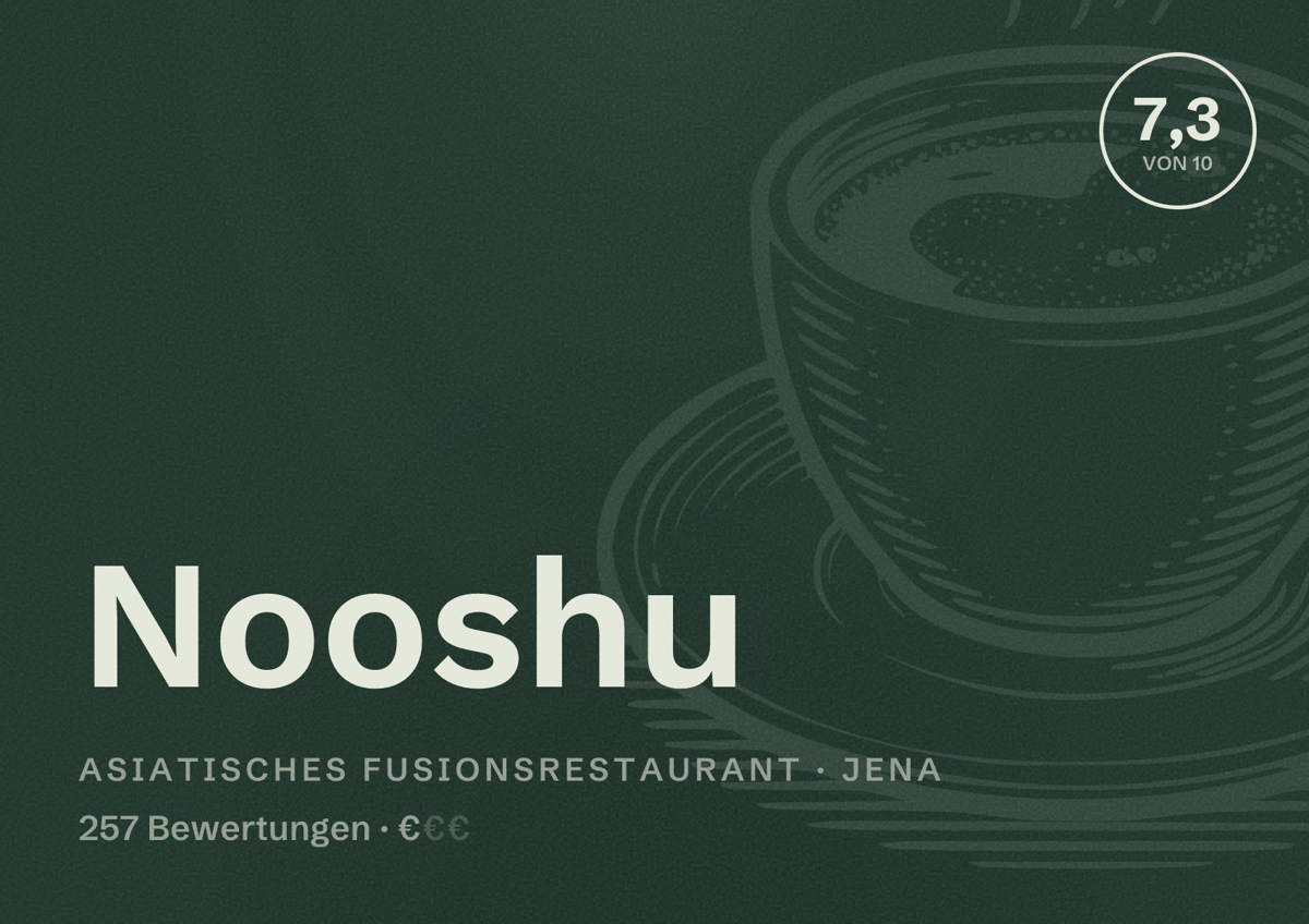 Illustriertes Poster von Nooshu, Asiatisches Fusionsrestaurant in Jena: Bewertung 7,3 von 10 aus 257 Bewertungen, Preisniveau €