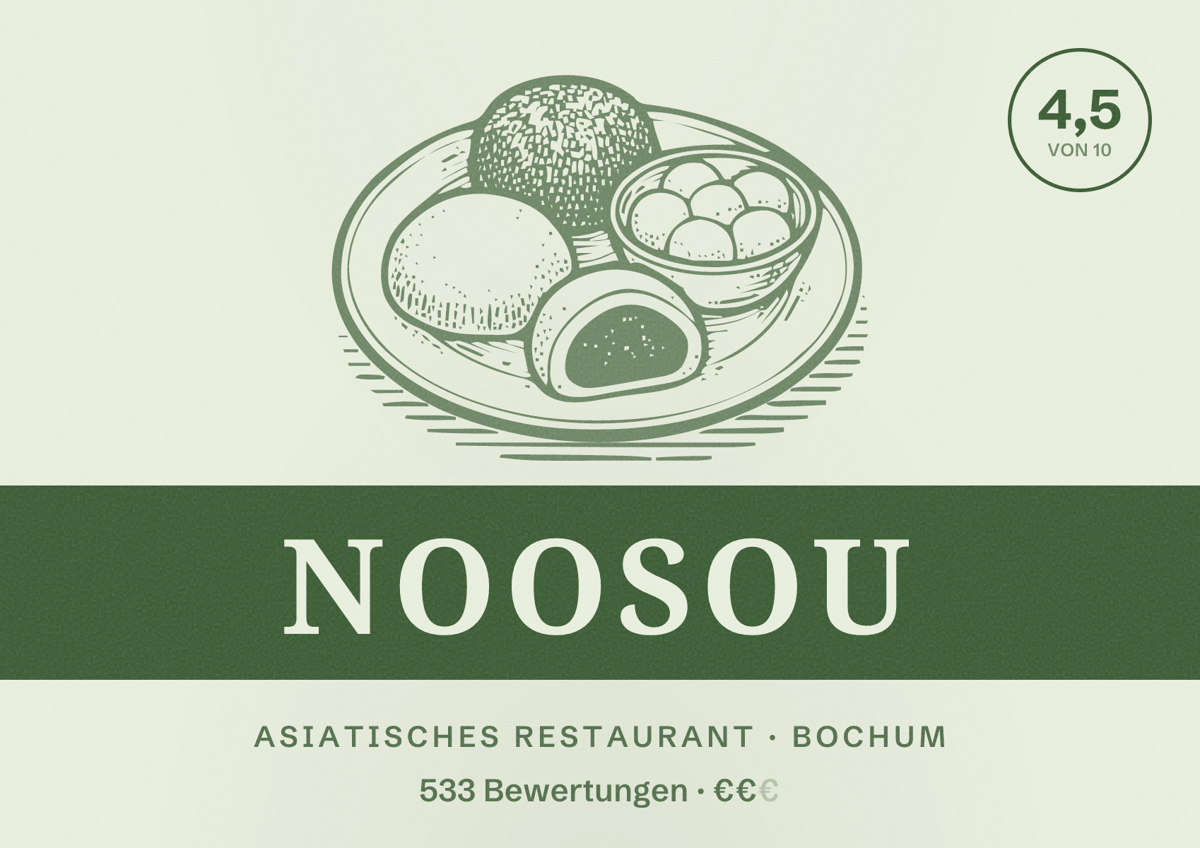 Illustriertes Poster von Noosou, Asiatisches Restaurant in Bochum: Bewertung 4,5 von 10 aus 533 Bewertungen, Preisniveau €€