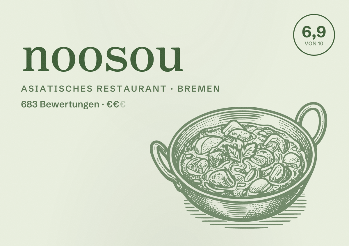Illustriertes Poster von noosou, Asiatisches Restaurant in Bremen: Bewertung 6,9 von 10 aus 683 Bewertungen, Preisniveau €€