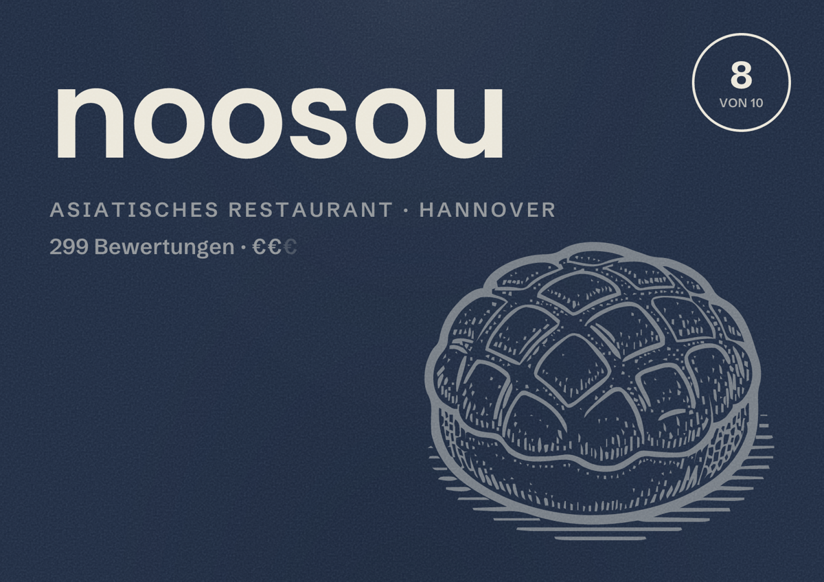 Illustriertes Poster von noosou, Asiatisches Restaurant in Hannover: Bewertung 8,0 von 10 aus 299 Bewertungen, Preisniveau €€
