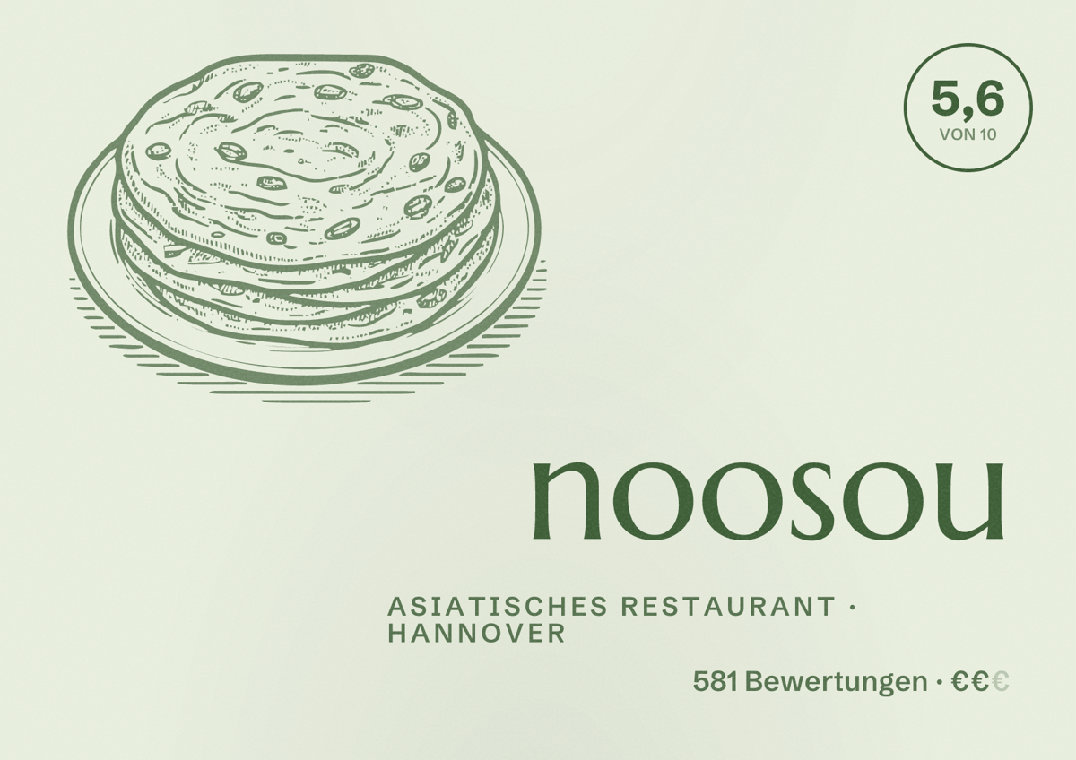 Illustriertes Poster von noosou, Asiatisches Restaurant in Hannover: Bewertung 5,6 von 10 aus 581 Bewertungen, Preisniveau €€