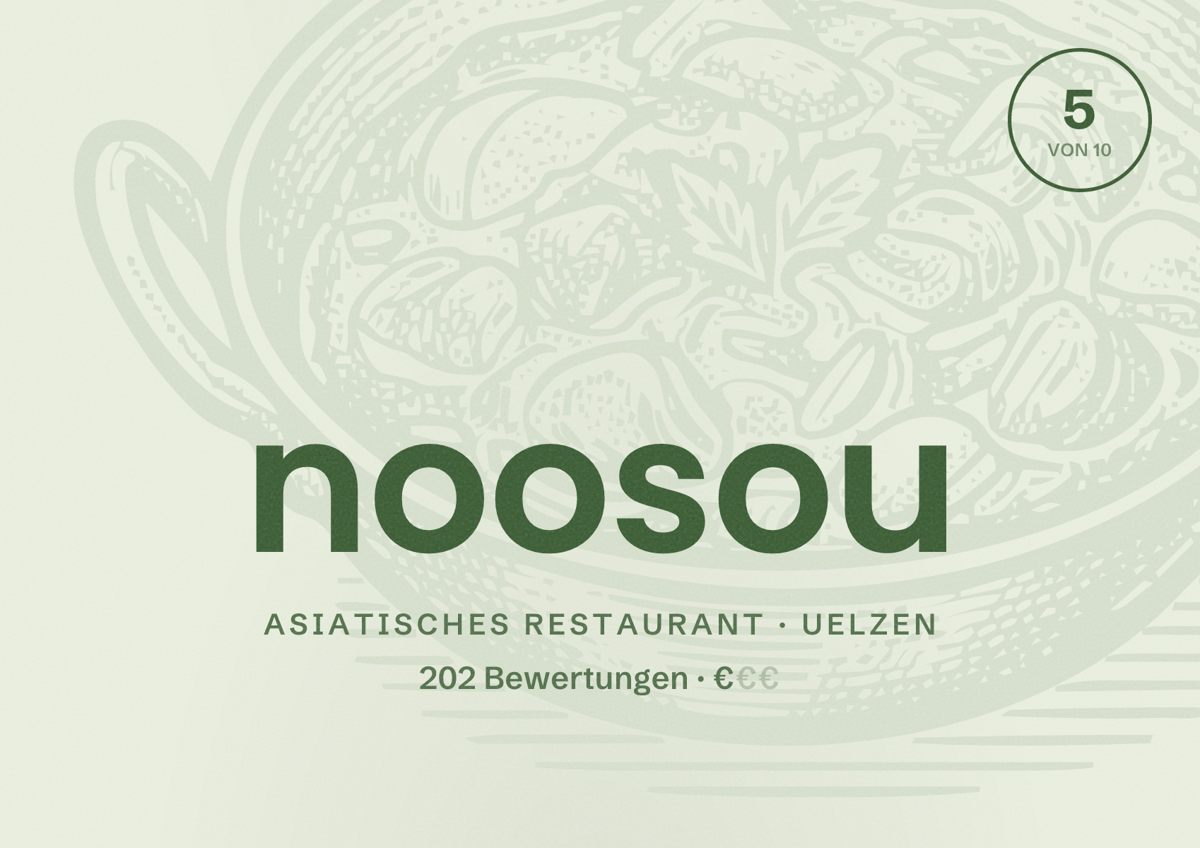 Illustriertes Poster von noosou, Asiatisches Restaurant in Uelzen: Bewertung 5 von 10 aus 202 Bewertungen, Preisniveau €