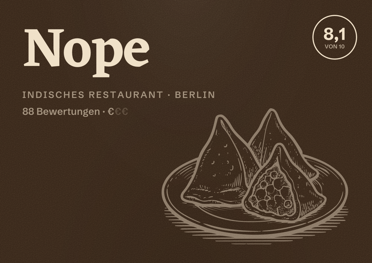 Illustriertes Poster von Nope, Indisches Restaurant in Berlin: Bewertung 8,1 von 10 aus 88 Bewertungen, Preisniveau €