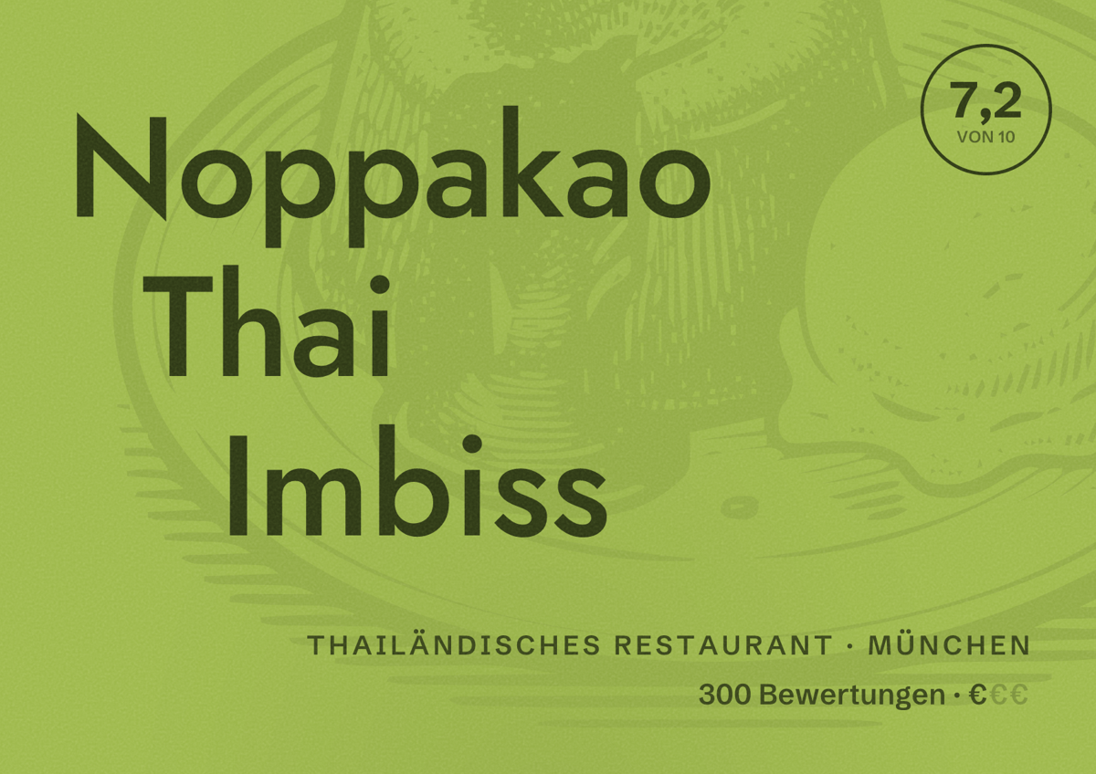 Illustriertes Poster von Noppakao Thai Imbiss, Thailändisches Restaurant in München: Bewertung 7,2 von 10 aus 300 Bewertungen, Preisniveau €