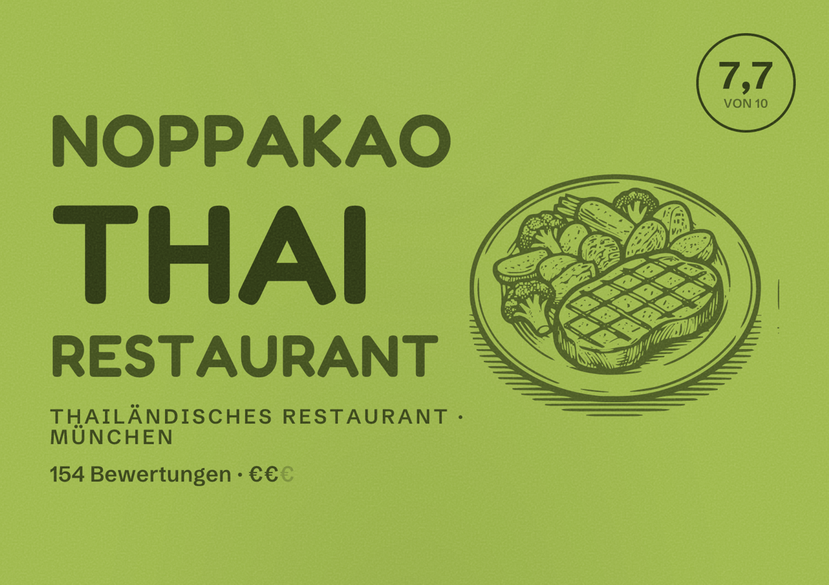 Illustriertes Poster von NOPPAKAO Thai Restaurant, Thailändisches Restaurant in München: Bewertung 7,7 von 10 aus 154 Bewertungen, Preisniveau €€