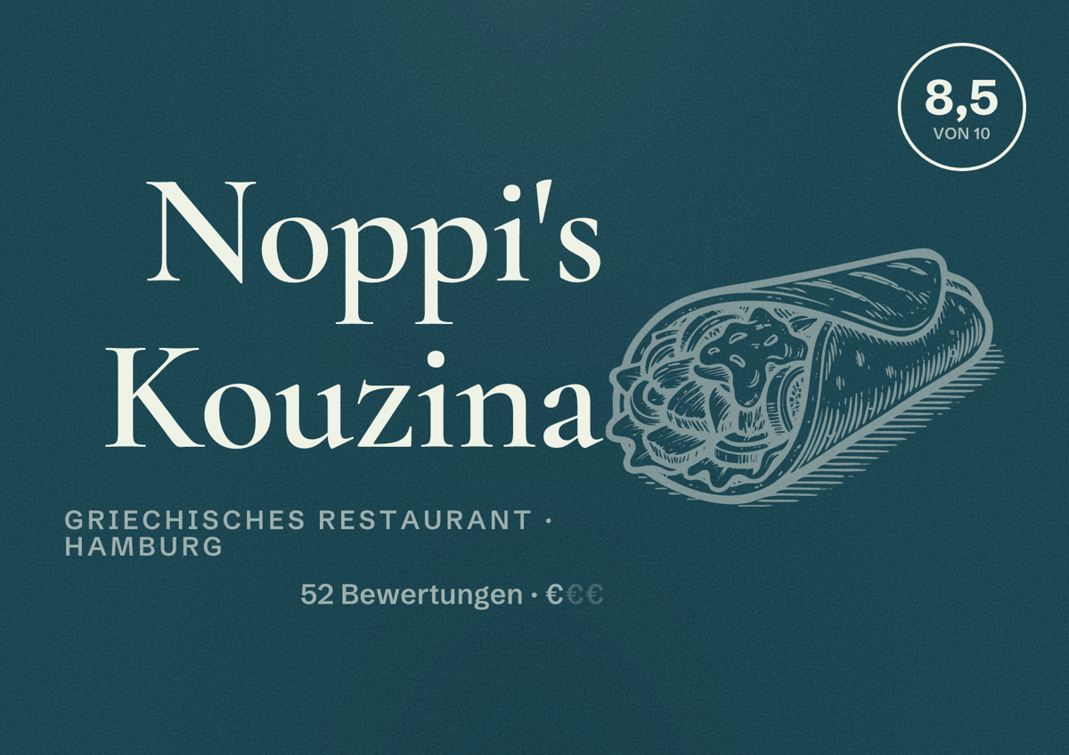 Illustriertes Poster von Noppi's Kouzina, Griechisches Restaurant in Hamburg: Bewertung 8,5 von 10 aus 52 Bewertungen, Preisniveau €
