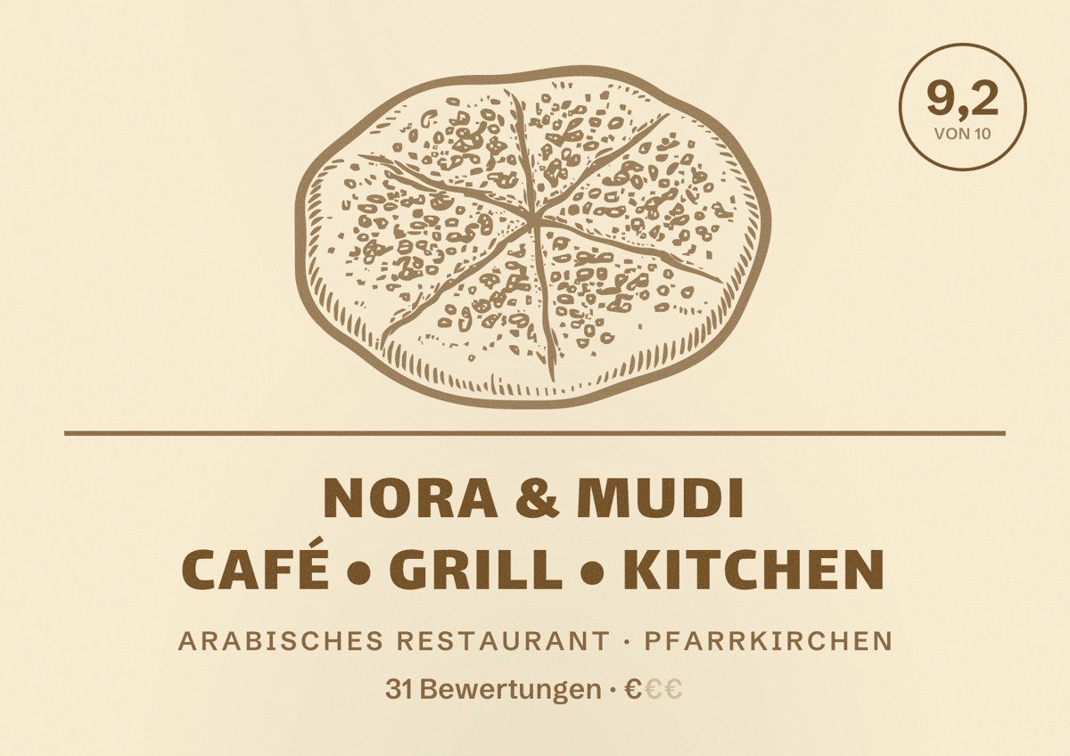 Illustriertes Poster von Nora & Mudi Café • Grill • Kitchen, Arabisches Restaurant in Pfarrkirchen: Bewertung 9,2 von 10 aus 31 Bewertungen, Preisniveau €