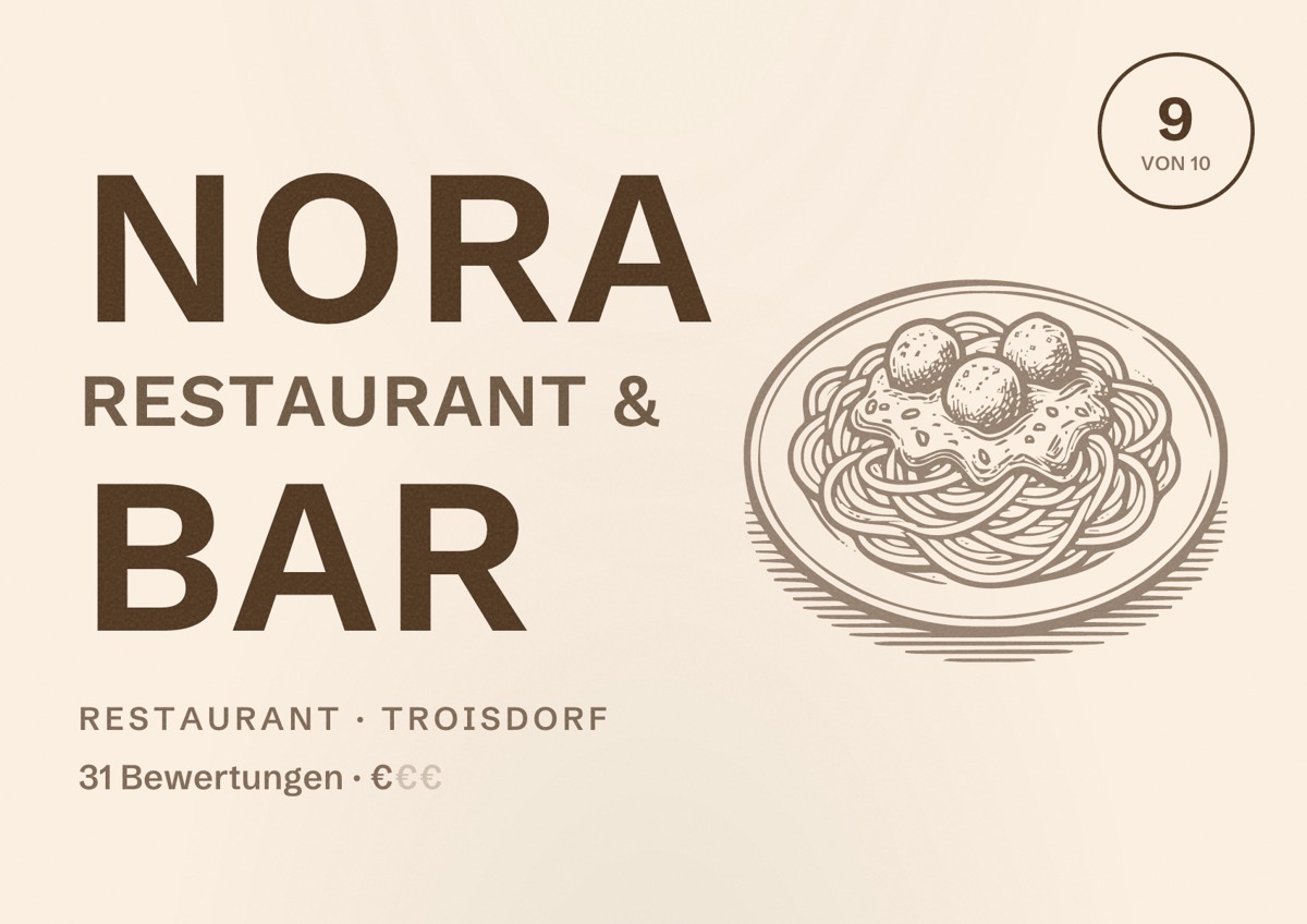 Illustriertes Poster von Nora Restaurant & Bar, Restaurant in Troisdorf: Bewertung 9 von 10 aus 31 Bewertungen, Preisniveau €