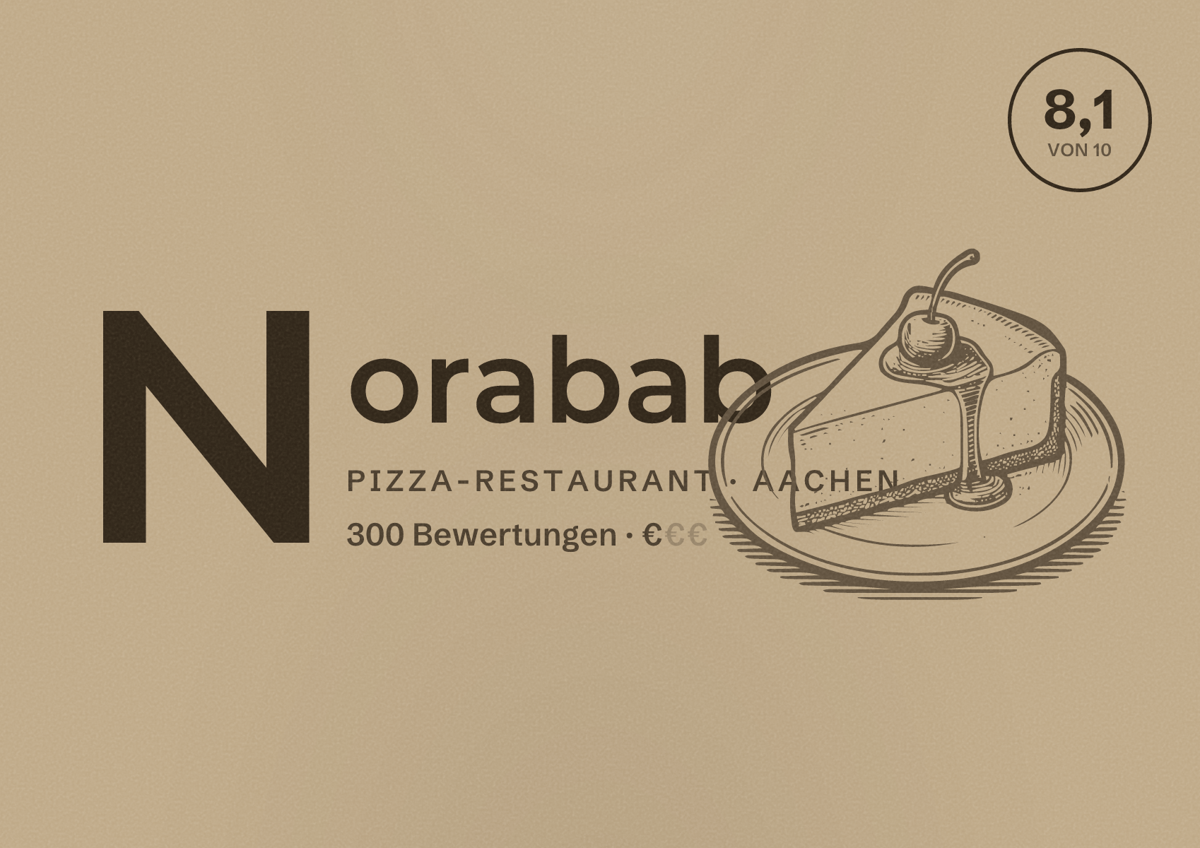 Illustriertes Poster von Norabab, Pizza-Restaurant in Aachen: Bewertung 8,1 von 10 aus 300 Bewertungen, Preisniveau €