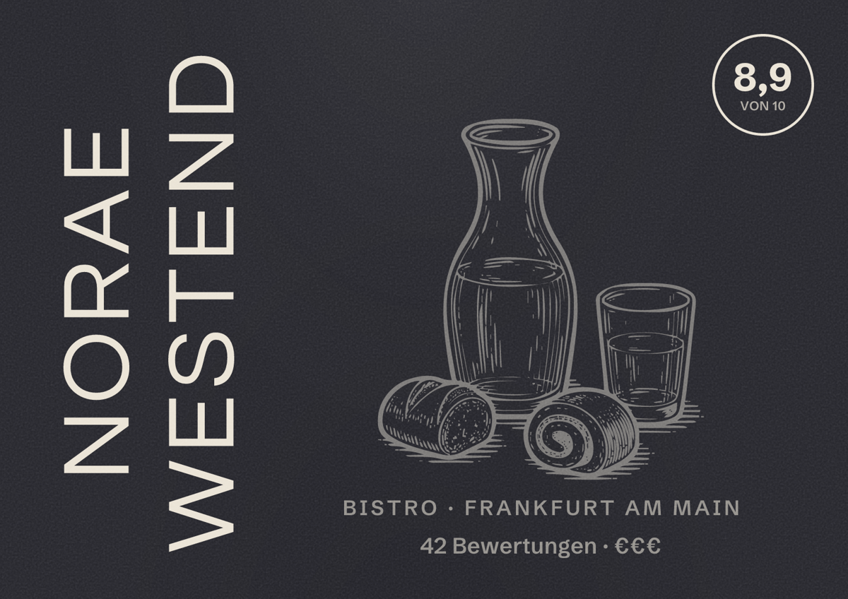 Illustriertes Poster von Norae Westend, Bistro in Frankfurt am Main: Bewertung 8,9 von 10 aus 42 Bewertungen, Preisniveau €€€