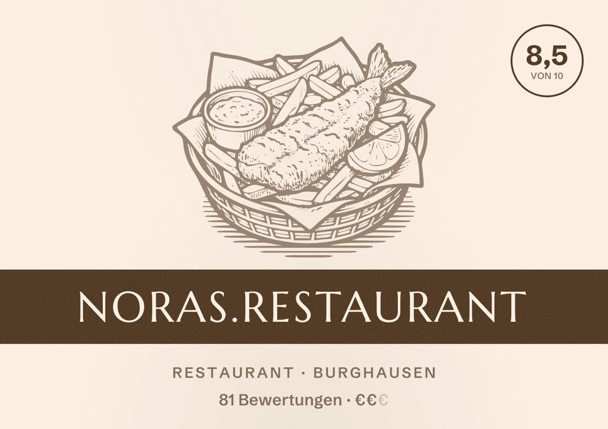 Illustriertes Poster von Noras.Restaurant, Restaurant in Burghausen: Bewertung 8,5 von 10 aus 81 Bewertungen, Preisniveau €€