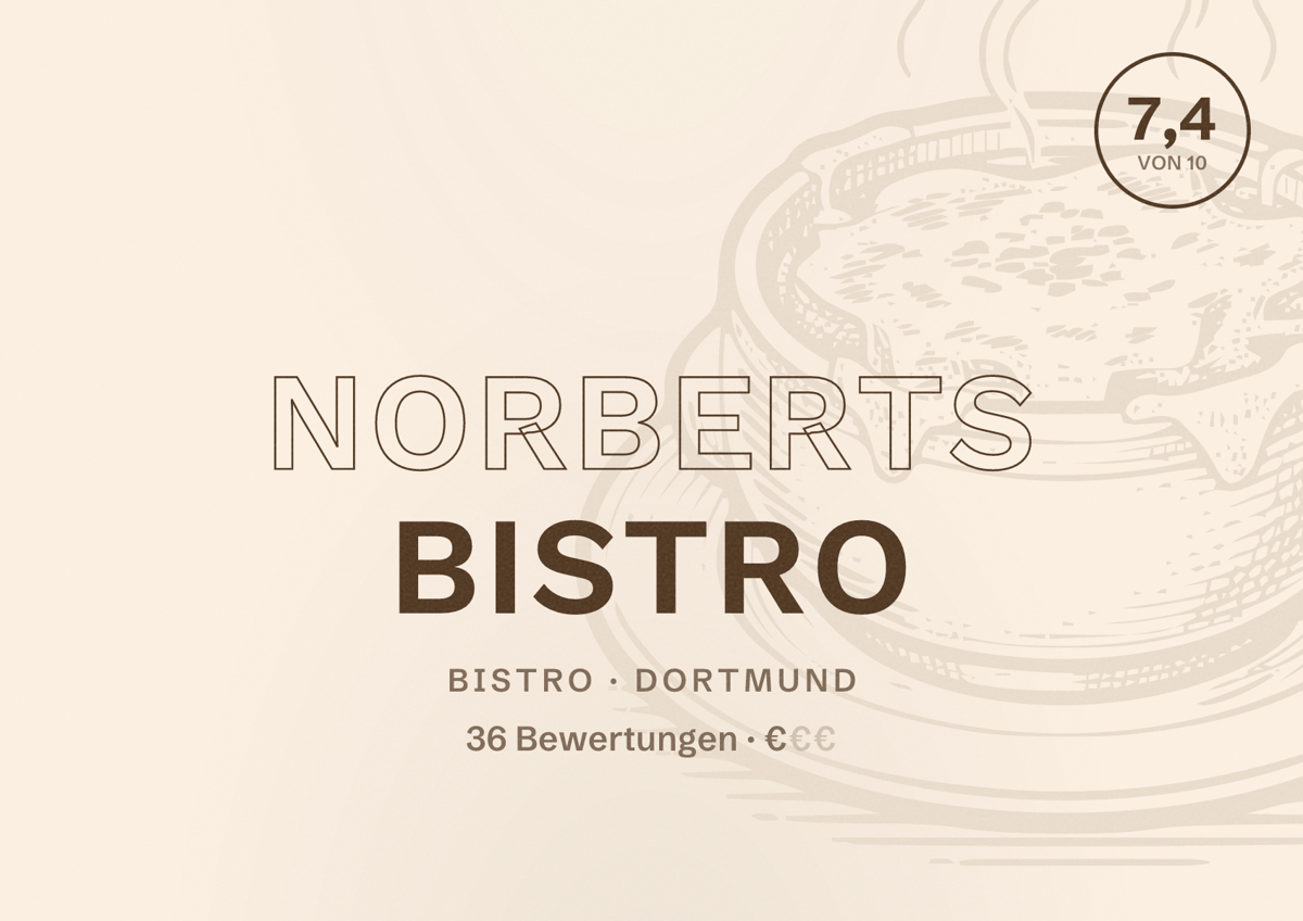 Illustriertes Poster von Norberts Bistro, Bistro in Dortmund: Bewertung 7,4 von 10 aus 36 Bewertungen, Preisniveau €