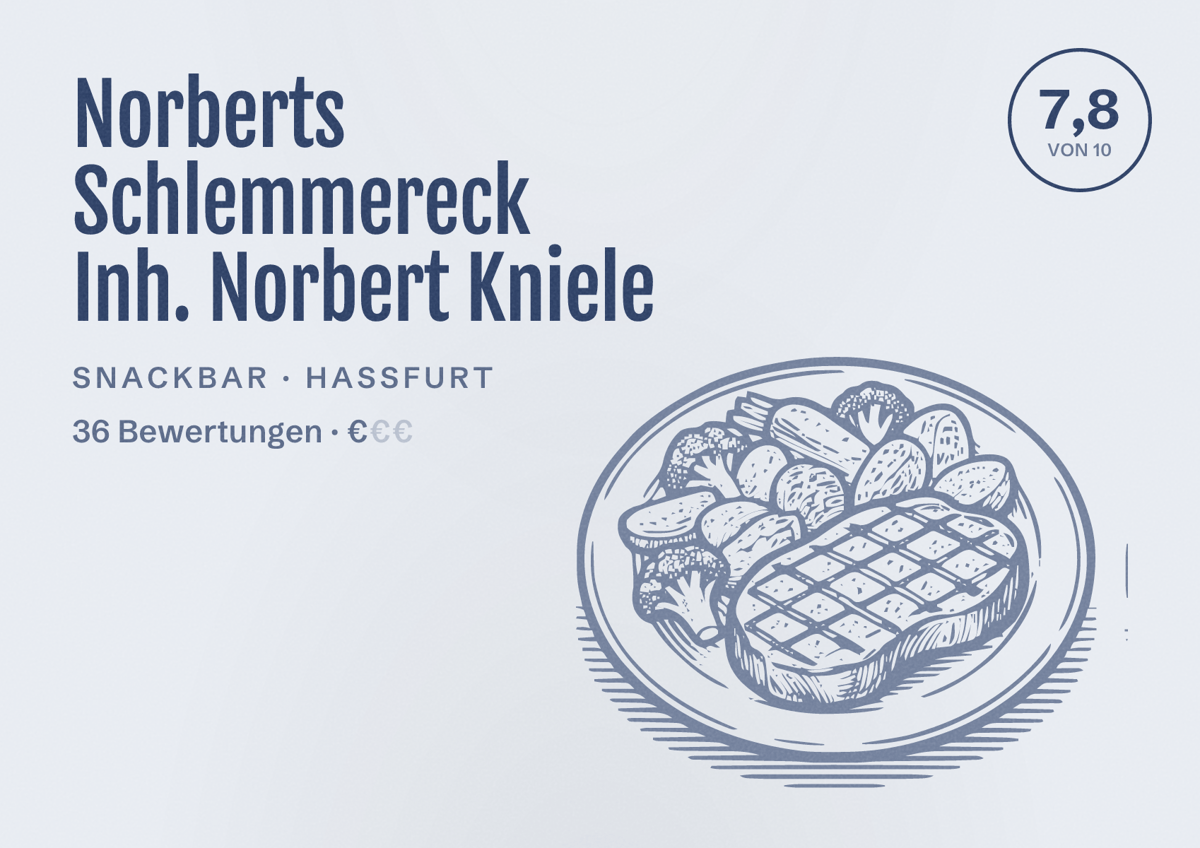 Illustriertes Poster von Norberts Schlemmereck Inh. Norbert Kniele, Snackbar in Haßfurt: Bewertung 7,8 von 10 aus 36 Bewertungen, Preisniveau €