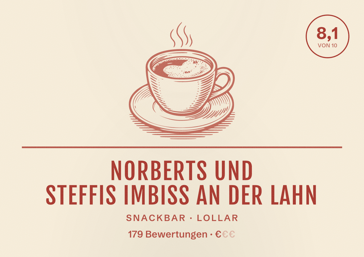 Illustriertes Poster von Norberts und Steffis Imbiss an der Lahn, Snackbar in Lollar: Bewertung 8,1 von 10 aus 179 Bewertungen, Preisniveau €
