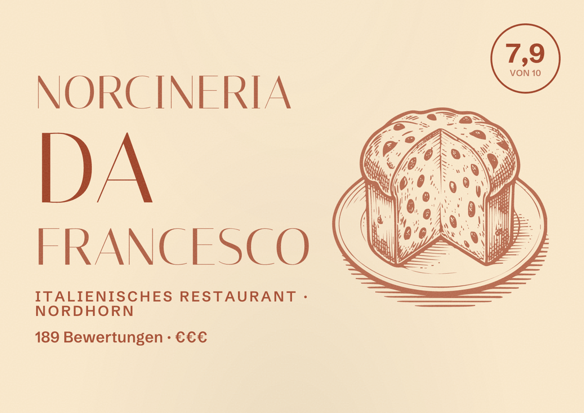 Illustriertes Poster von Norcineria da Francesco, Italienisches Restaurant in Nordhorn: Bewertung 7,9 von 10 aus 189 Bewertungen, Preisniveau €€€