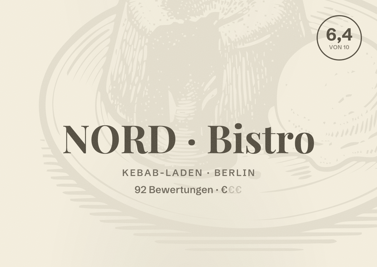 Illustriertes Poster von NORD Bistro, Kebab-Laden in Berlin: Bewertung 6,4 von 10 aus 92 Bewertungen, Preisniveau €