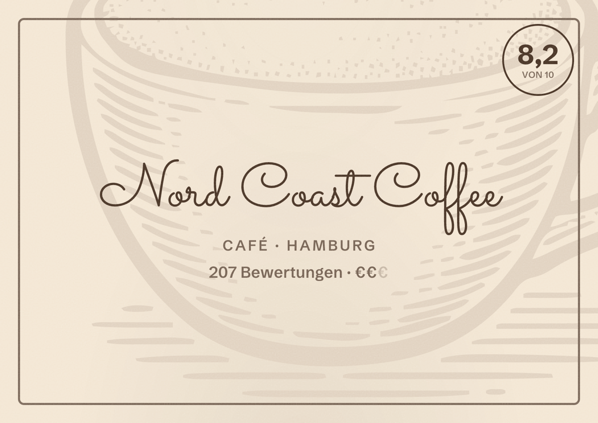 Illustriertes Poster von Nord Coast Coffee, Café in Hamburg: Bewertung 8,2 von 10 aus 207 Bewertungen, Preisniveau €€