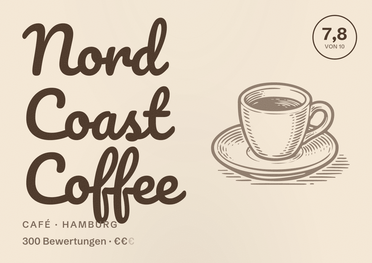 Illustriertes Poster von Nord Coast Coffee, Café in Hamburg: Bewertung 7,8 von 10 aus 300 Bewertungen, Preisniveau €€