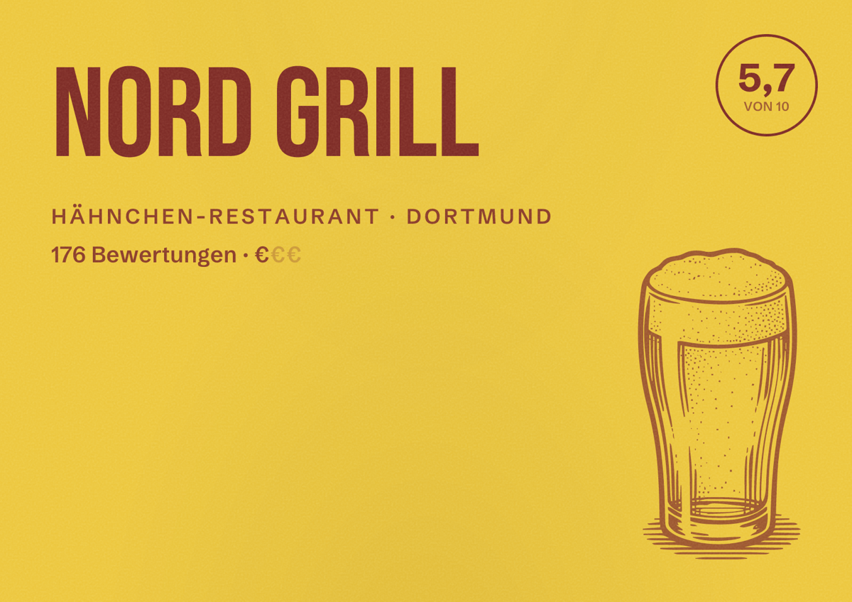 Illustriertes Poster von Nord Grill, Hähnchen-Restaurant in Dortmund: Bewertung 5,7 von 10 aus 176 Bewertungen, Preisniveau €