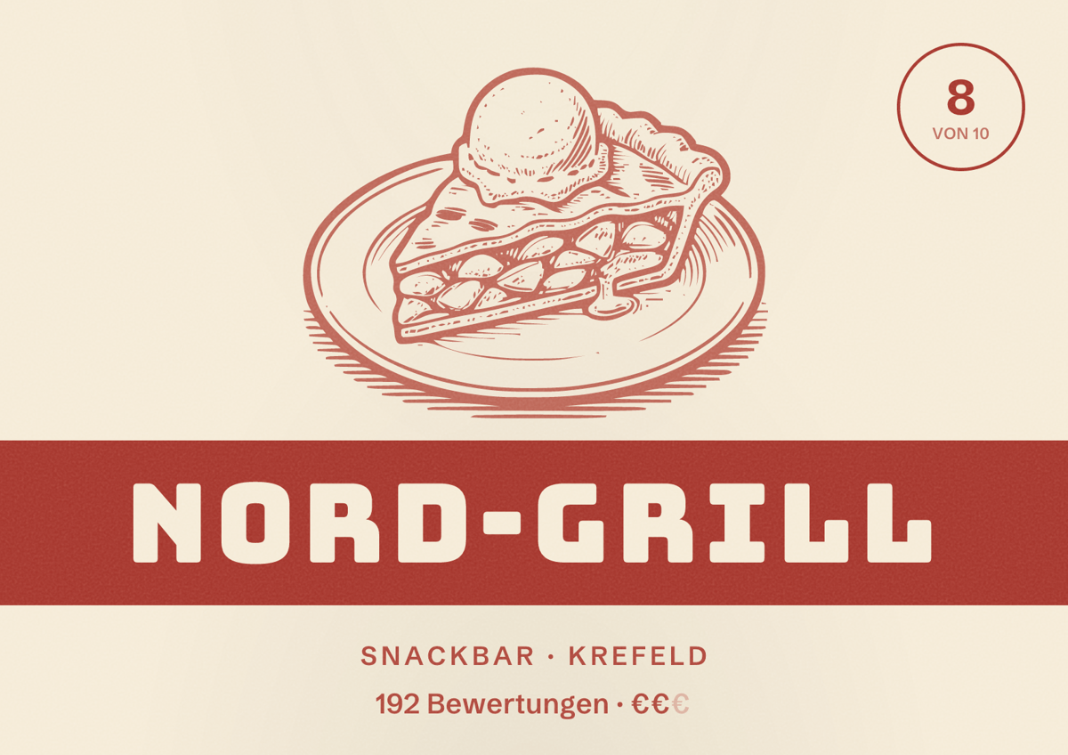 Illustriertes Poster von NORD-GRILL, Snackbar in Krefeld: Bewertung 8 von 10 aus 192 Bewertungen, Preisniveau €€