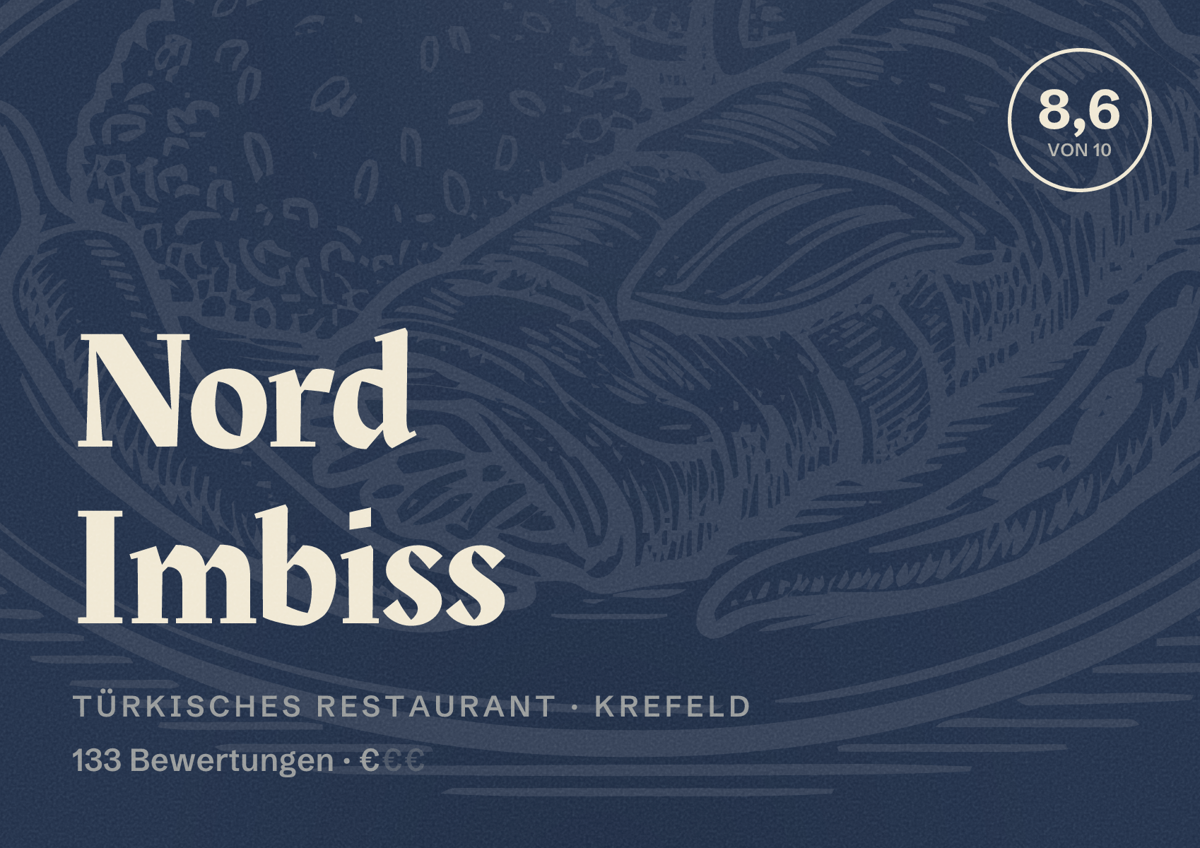 Illustriertes Poster von Nord Imbiss, Türkisches Restaurant in Krefeld: Bewertung 8,6 von 10 aus 133 Bewertungen, Preisniveau €
