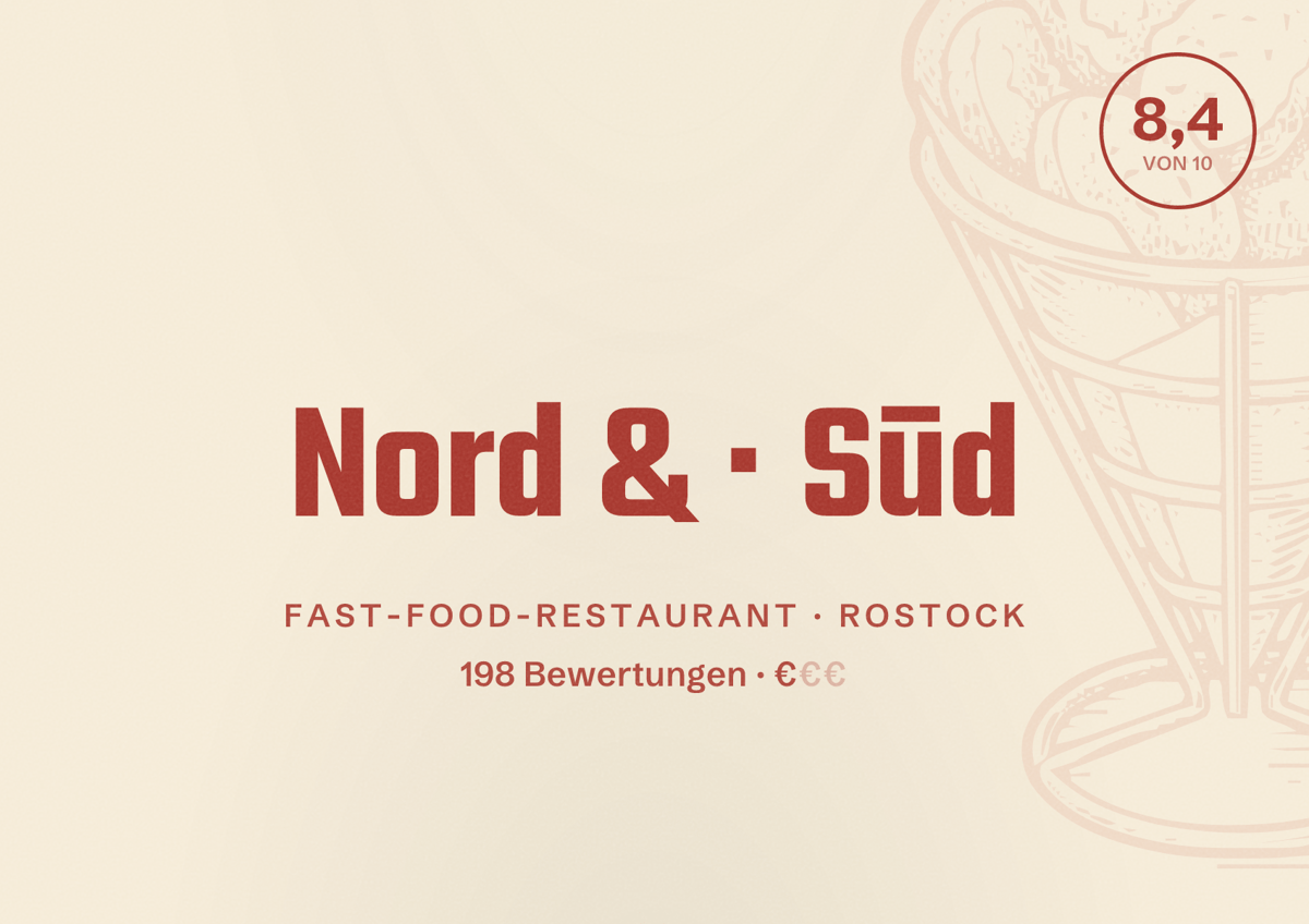 Illustriertes Poster von Nord & Sūd, Fast-Food-Restaurant in Rostock: Bewertung 8,4 von 10 aus 198 Bewertungen, Preisniveau €