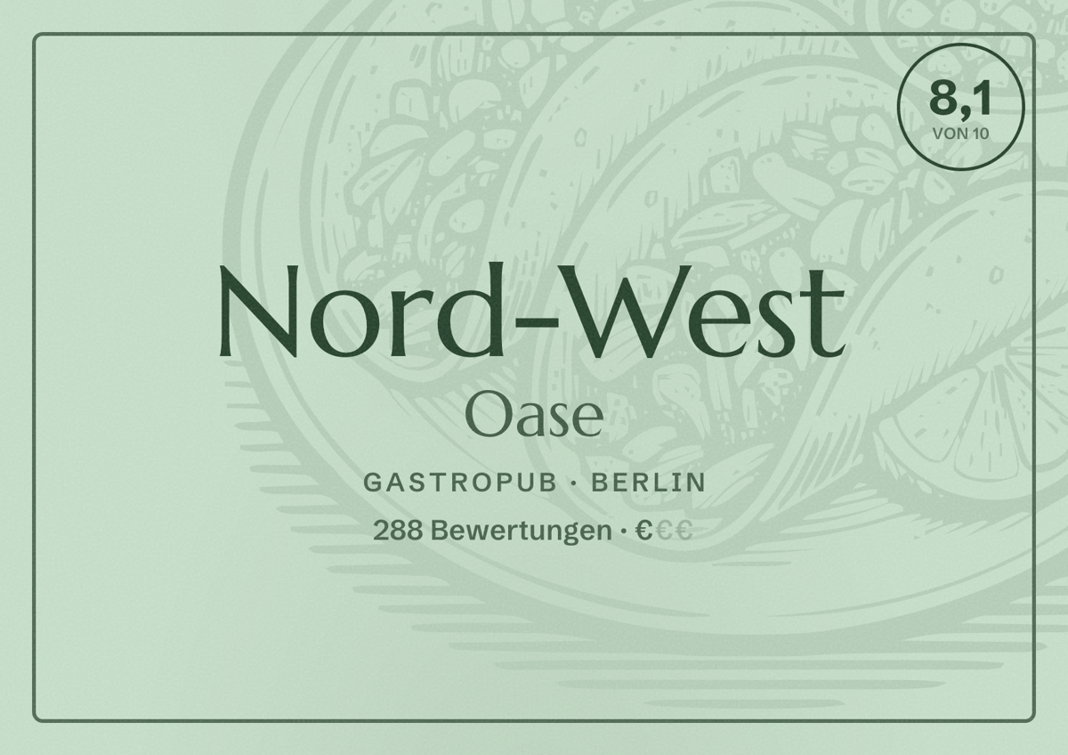 Illustriertes Poster von Nord-West Oase, Gastropub in Berlin: Bewertung 8,1 von 10 aus 288 Bewertungen, Preisniveau €