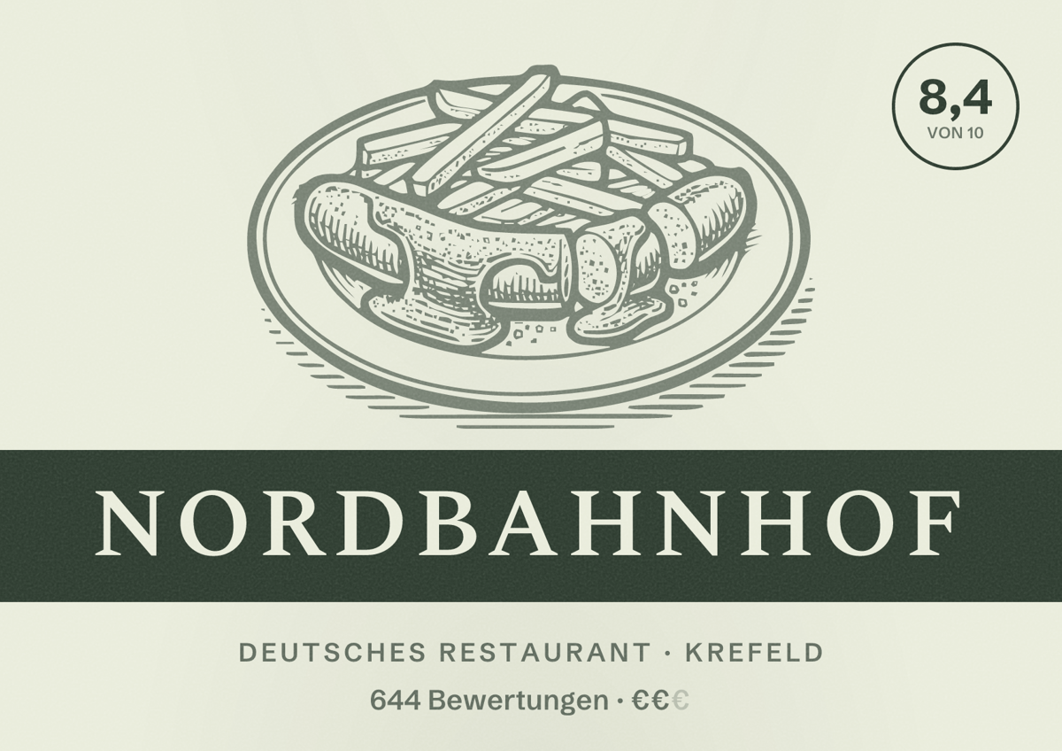 Illustriertes Poster von Nordbahnhof, Deutsches Restaurant in Krefeld: Bewertung 8,4 von 10 aus 644 Bewertungen, Preisniveau €€