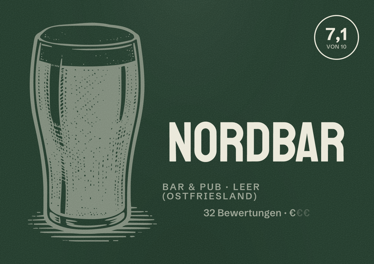 Illustriertes Poster von Nordbar, Bar & Pub in Leer (Ostfriesland): Bewertung 7,1 von 10 aus 32 Bewertungen, Preisniveau €