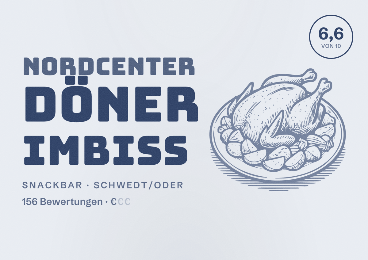 Illustriertes Poster von Nordcenter Döner Imbiss, Snackbar in Schwedt/Oder: Bewertung 6,6 von 10 aus 156 Bewertungen, Preisniveau €