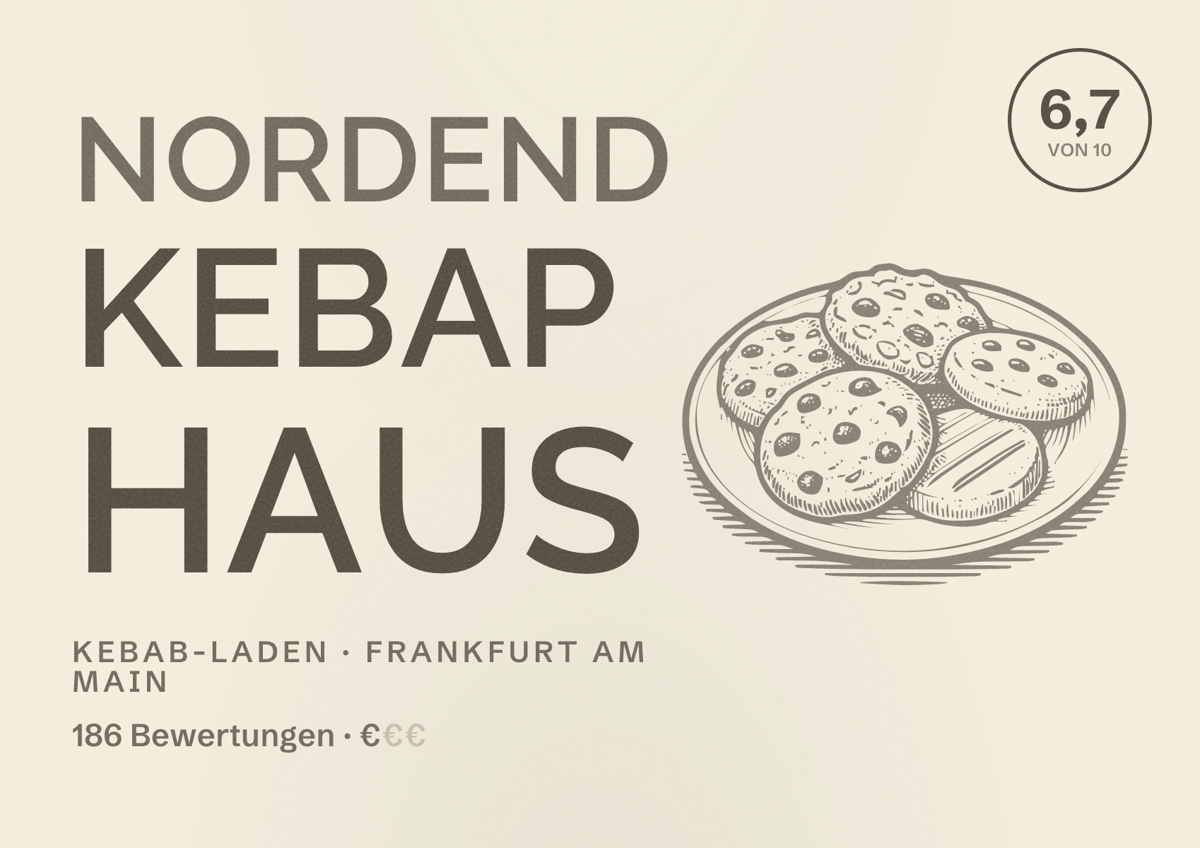 Illustriertes Poster von Nordend Kebap Haus, Kebab-Laden in Frankfurt am Main: Bewertung 6,7 von 10 aus 186 Bewertungen, Preisniveau €