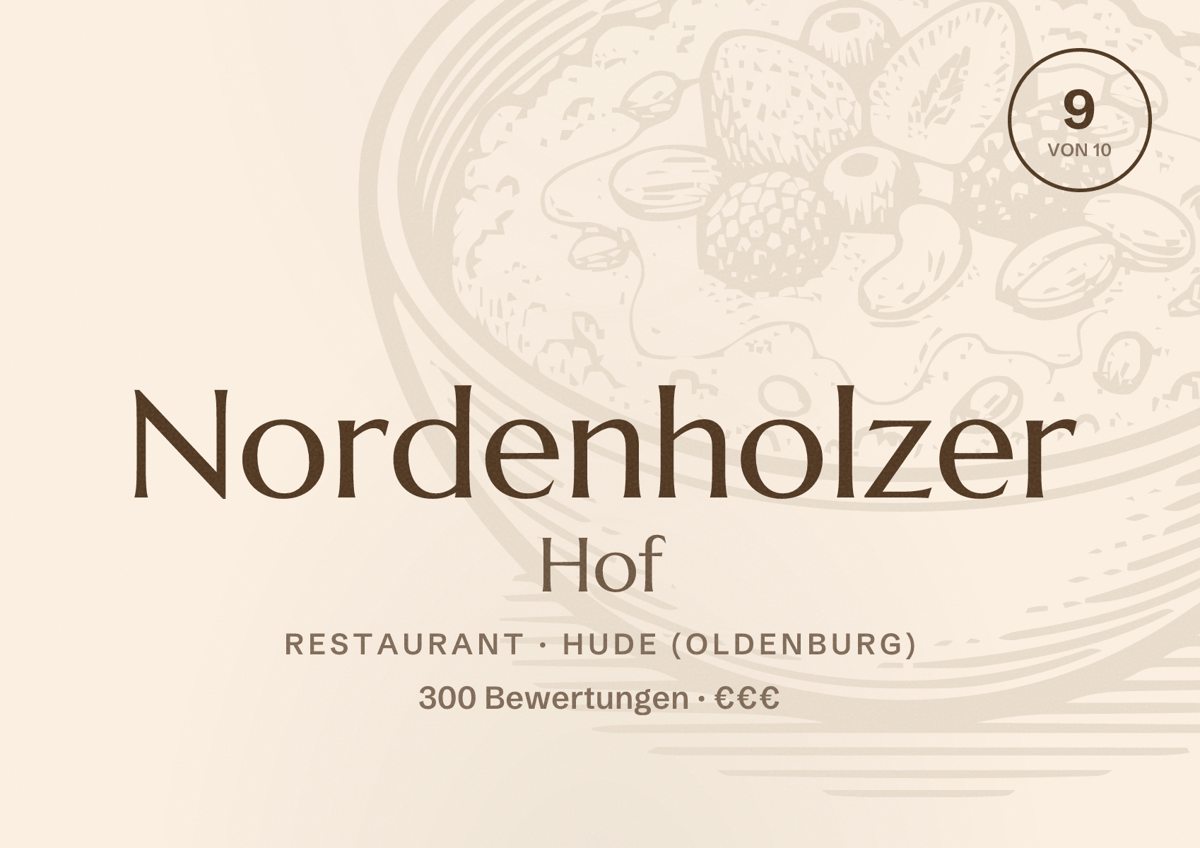 Illustriertes Poster von Nordenholzer Hof, Restaurant in Hude (Oldenburg): Bewertung 9 von 10 aus 300 Bewertungen, Preisniveau €€€