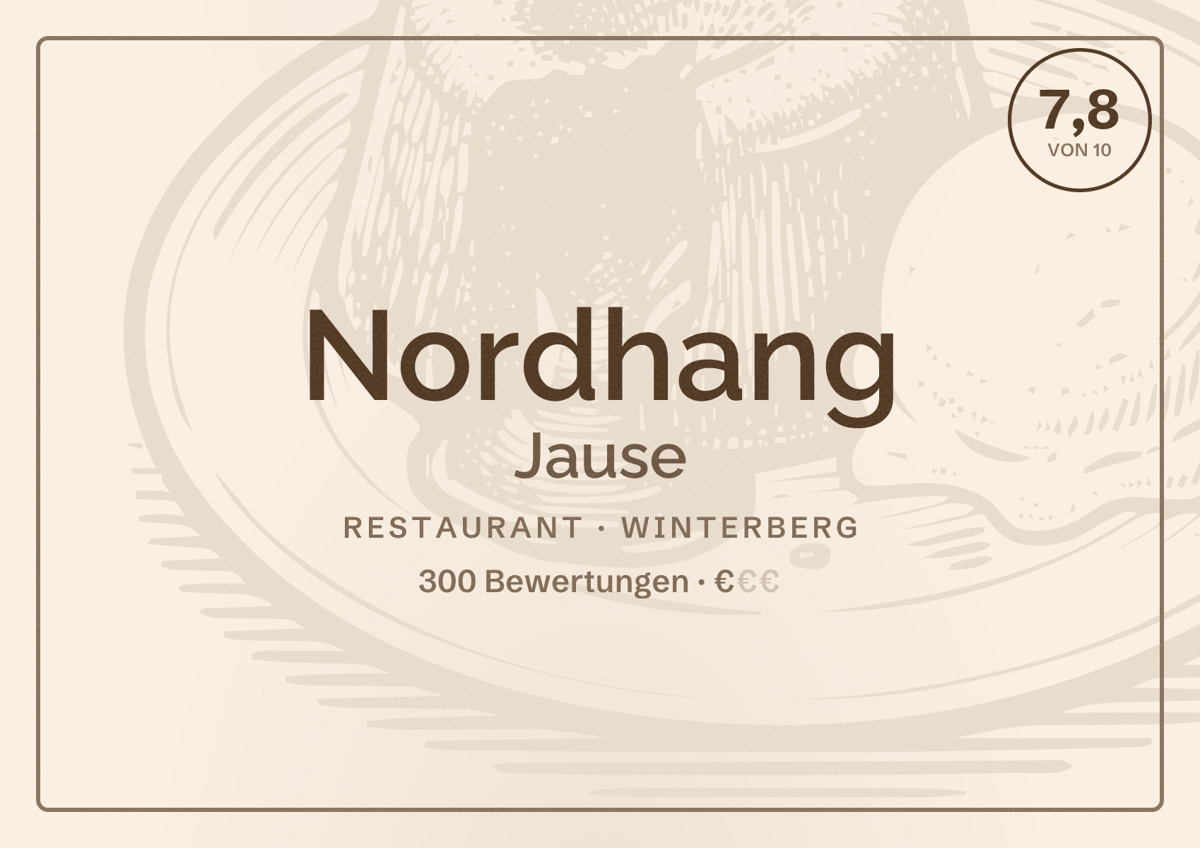 Illustriertes Poster von Nordhang Jause, Restaurant in Winterberg: Bewertung 7,8 von 10 aus 300 Bewertungen, Preisniveau €