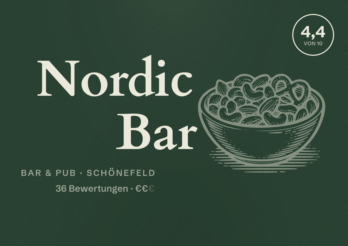 Illustriertes Poster von Nordic Bar, Bar & Pub in Schönefeld: Bewertung 4,4 von 10 aus 36 Bewertungen, Preisniveau €€