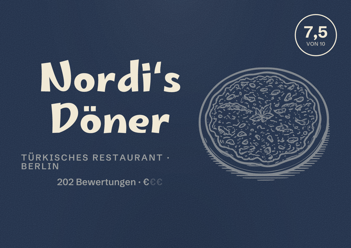 Illustriertes Poster von Nordi‘s Döner, Türkisches Restaurant in Berlin: Bewertung 7,5 von 10 aus 202 Bewertungen, Preisniveau €